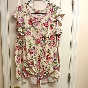 BOMBOM Women's XL Ruffled sleeved Top. Knotted hem line high low. Beige, pink, b